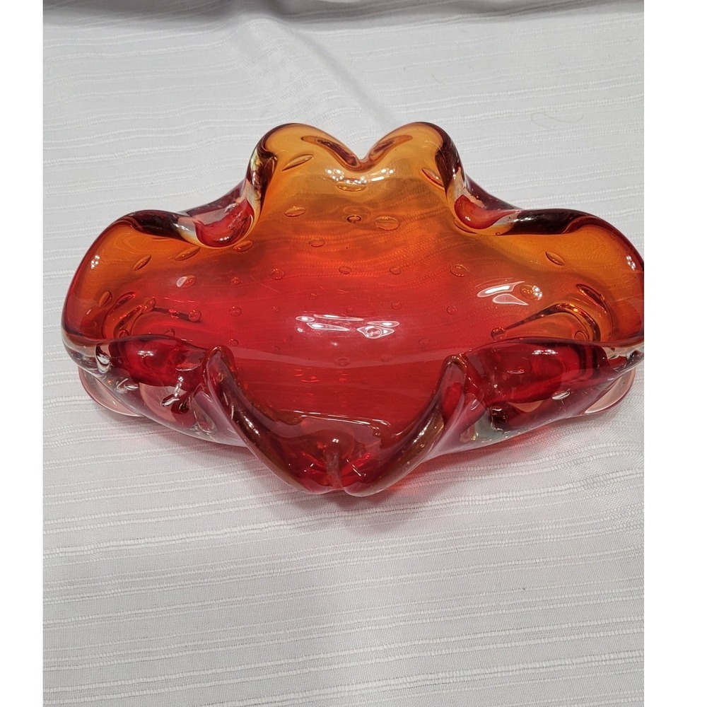 Vintage Murano Style Red Amber Art Glass Controlled Bubble Bowl Ashtray MCM